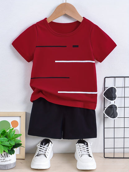 2pcs Set of Boys' Summer Striped Print Round Neck Short Sleeve T-shirt and Casual Shorts
