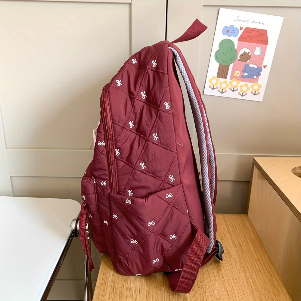 HUOHUO Large Capacity Backpack - Stylish Red & White Quilted Design with Star & Bow Accents, Adjustable Straps, Multiple Compartments, Perfect for School, Commuting, and Everyday Use, Backpack for School, Commuter Bag, Playfu