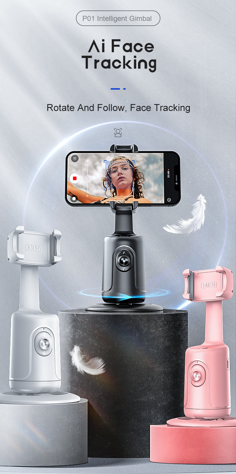 Tripé com seguimento facial automático, sem necessidade de aplicação, suporte para telemóvel com rotação de 360° para rosto e corpo, ideal para vlogs e live streams, bateria recarregável, preto.