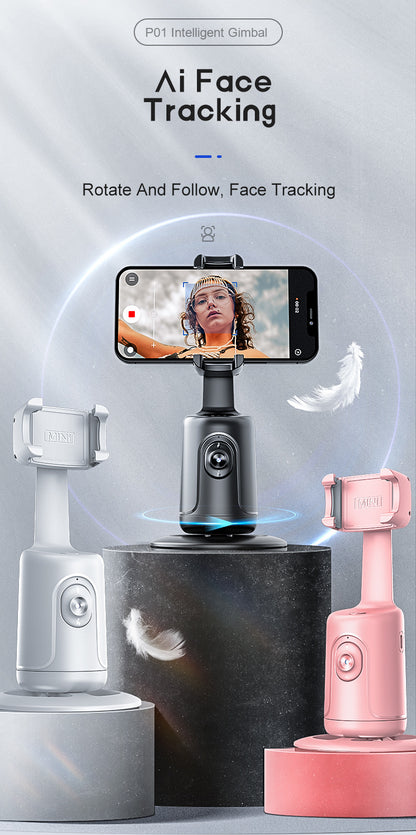 Tripé com seguimento facial automático, sem necessidade de aplicação, suporte para telemóvel com rotação de 360° para rosto e corpo, ideal para vlogs e live streams, bateria recarregável, preto.