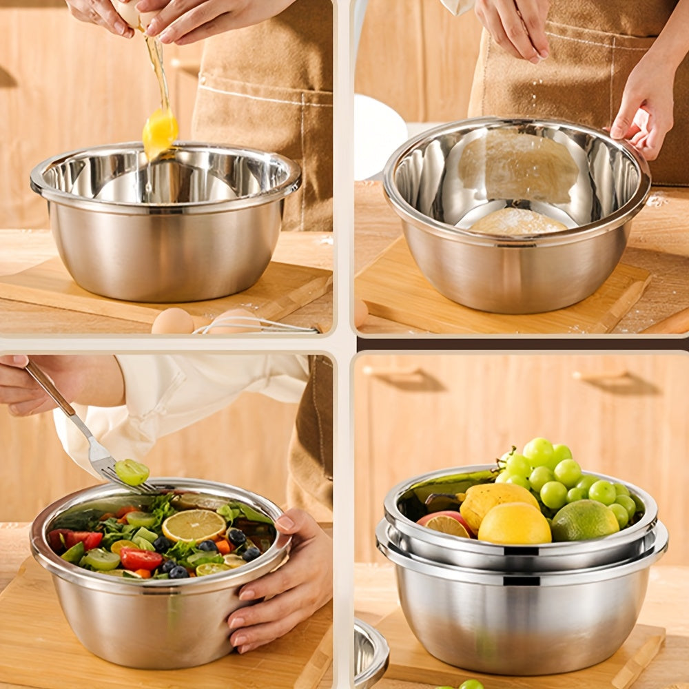 3pcs Stainless Steel Mixing Bowls, Oversized Stainless Steel Kitchen Bowls, Baking And Noodle Bowls, Mixing Salads, Washing Vegetables And Fruits, Soup Bowls, Salad Bowls, Etc. Three Sizes Suitable for a Variety of Scenarios