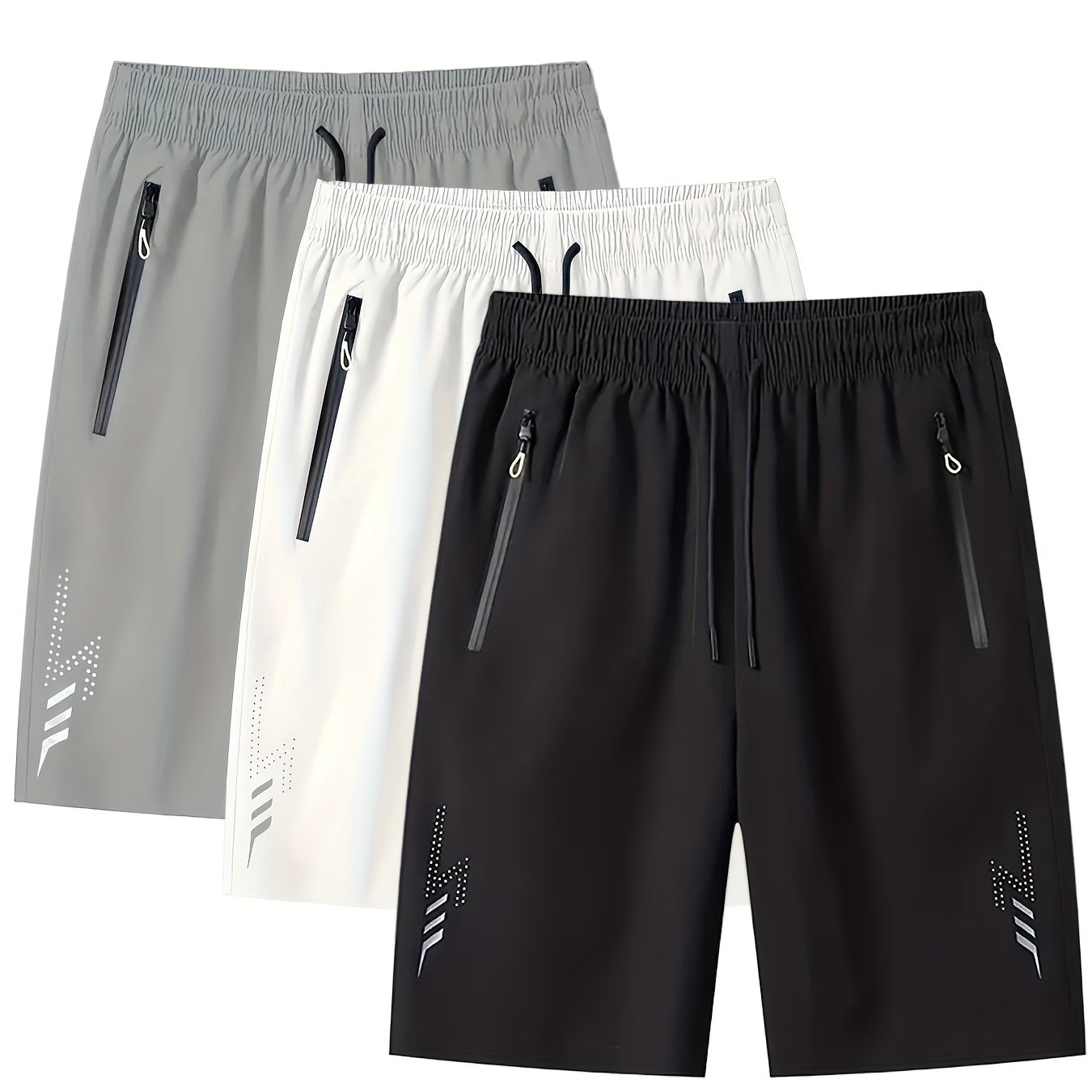 3pcs Men's Lightweight Quick-Dry Athletic Running Shorts - Loose Fit Plus Size, Zipper Pocket &amp; Elastic Waistband, Polyester/Elastane Blend Swim Shorts with White &amp; Black Design for Gym, Beach, Jogging - Summer Workout Swim T