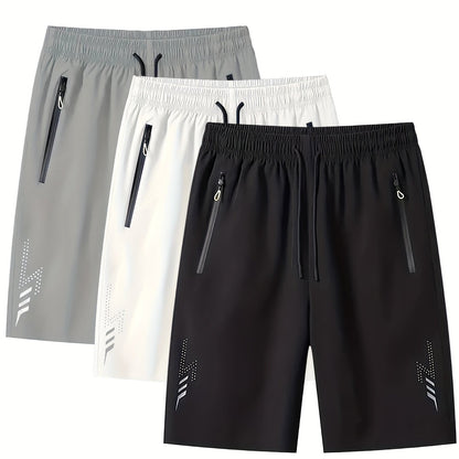 3pcs Men's Lightweight Quick-Dry Athletic Running Shorts - Loose Fit Plus Size, Zipper Pocket &amp; Elastic Waistband, Polyester/Elastane Blend Swim Shorts with White &amp; Black Design for Gym, Beach, Jogging - Summer Workout Swim T