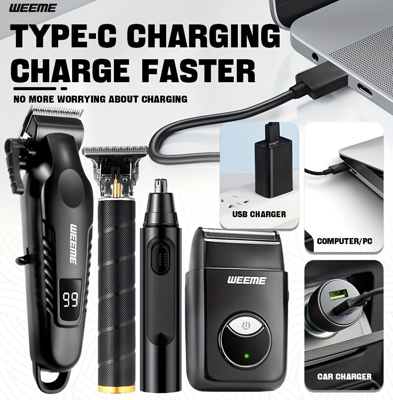 WEEME 4pcs Men's facial grooming set, household electric hair clipper set USB fast-charging electric hair clipper + T-trimmer + razor + nose hair clipper Haircutting, shaving, nose hair t* Car travel home Father's Day/Birthda