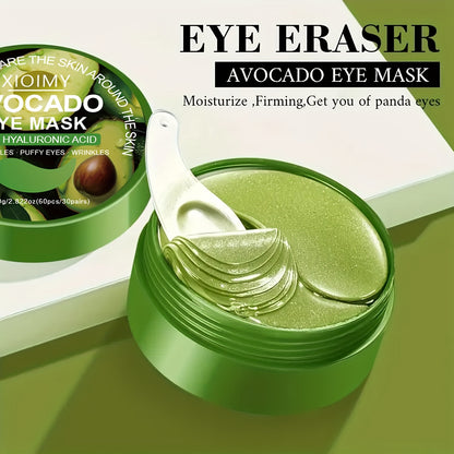 60pcs Avocado & Hyaluronic Acid Eye Masks - Intense Hydration & Brightening, Puffiness Reduction, Dark Circles & Wrinkles, Hypoallergenic for All Light Beige Types, Unisex Skincare, Avocado Eye Mask, Sleek Packaging, Natural