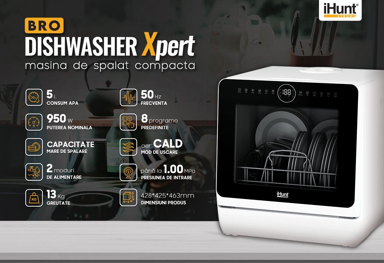 Compact Ihunt Bro Dishwasher Xpert, Turbo Clean, 950W, Drain Pump, Digital Control, Class B, 6 Programs, Heating / Drying, Water Supply Tap / Manual, 5L Water Reserve, 45Cm, White