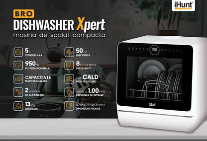 Compact Ihunt Bro Dishwasher Xpert, Turbo Clean, 950W, Drain Pump, Digital Control, Class B, 6 Programs, Heating / Drying, Water Supply Tap / Manual, 5L Water Reserve, 45Cm, White