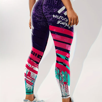 Women's Fashion Color Block Splash Print Yoga Pants, Striped Print Breathable Stretchy Butt Lifting Yoga Workout Running Sports Leggings, Women's Activewear