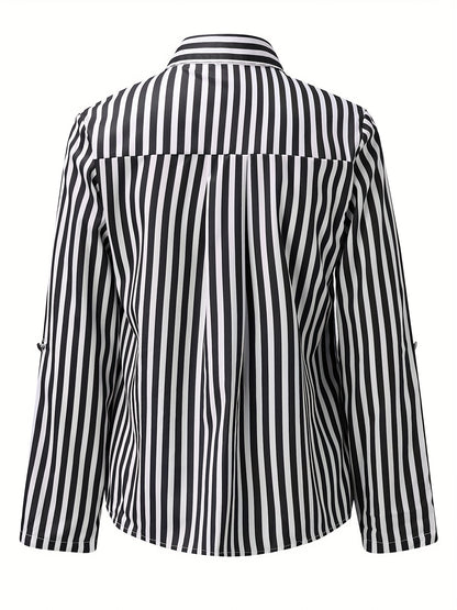 Striped Print Button Front Shirt, Elegant Long Sleeve Business Work Shirt With A Collar, Women's Clothing