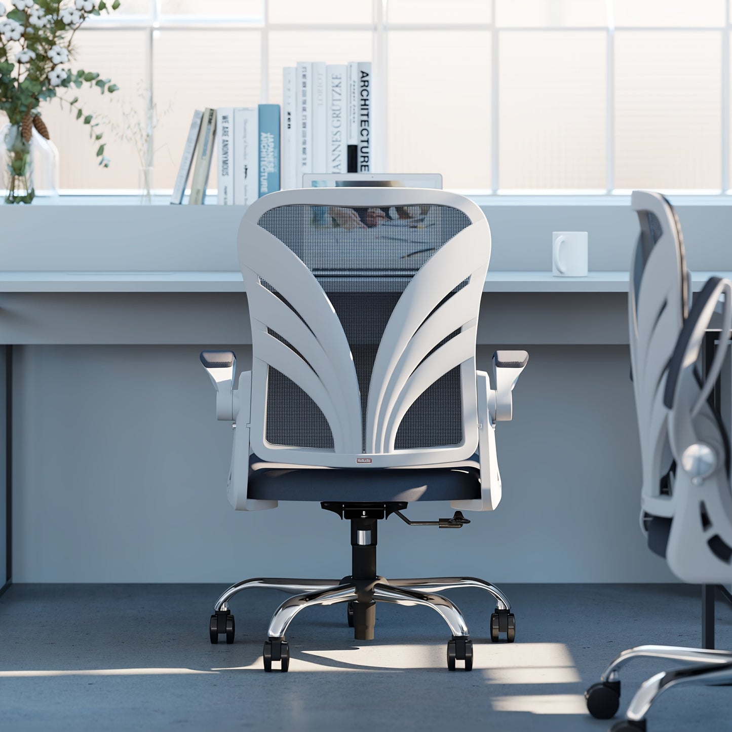 Ergonomic Office Chair with Foldable Space-Saving Design, Breathable Mesh Back &amp; Adjustable Lumbar Support, Flip-Up Armrests, Height-Adjustable - Heavy-Duty Plastic Frame, Foam Padding, White/Black Color Options - Ideal for H