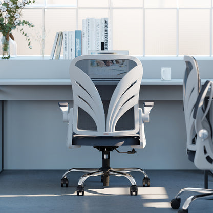 Ergonomic Office Chair with Foldable Space-Saving Design, Breathable Mesh Back &amp; Adjustable Lumbar Support, Flip-Up Armrests, Height-Adjustable - Heavy-Duty Plastic Frame, Foam Padding, White/Black Color Options - Ideal for H