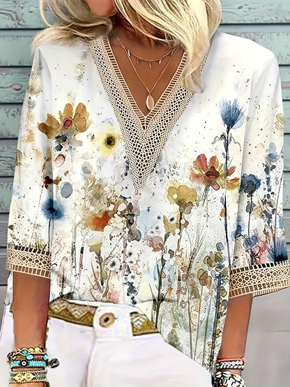 Plus Size Casual T-shirt, Women's Plus Floral Print Contrast Lace Half Sleeve V Neck T-shirt
