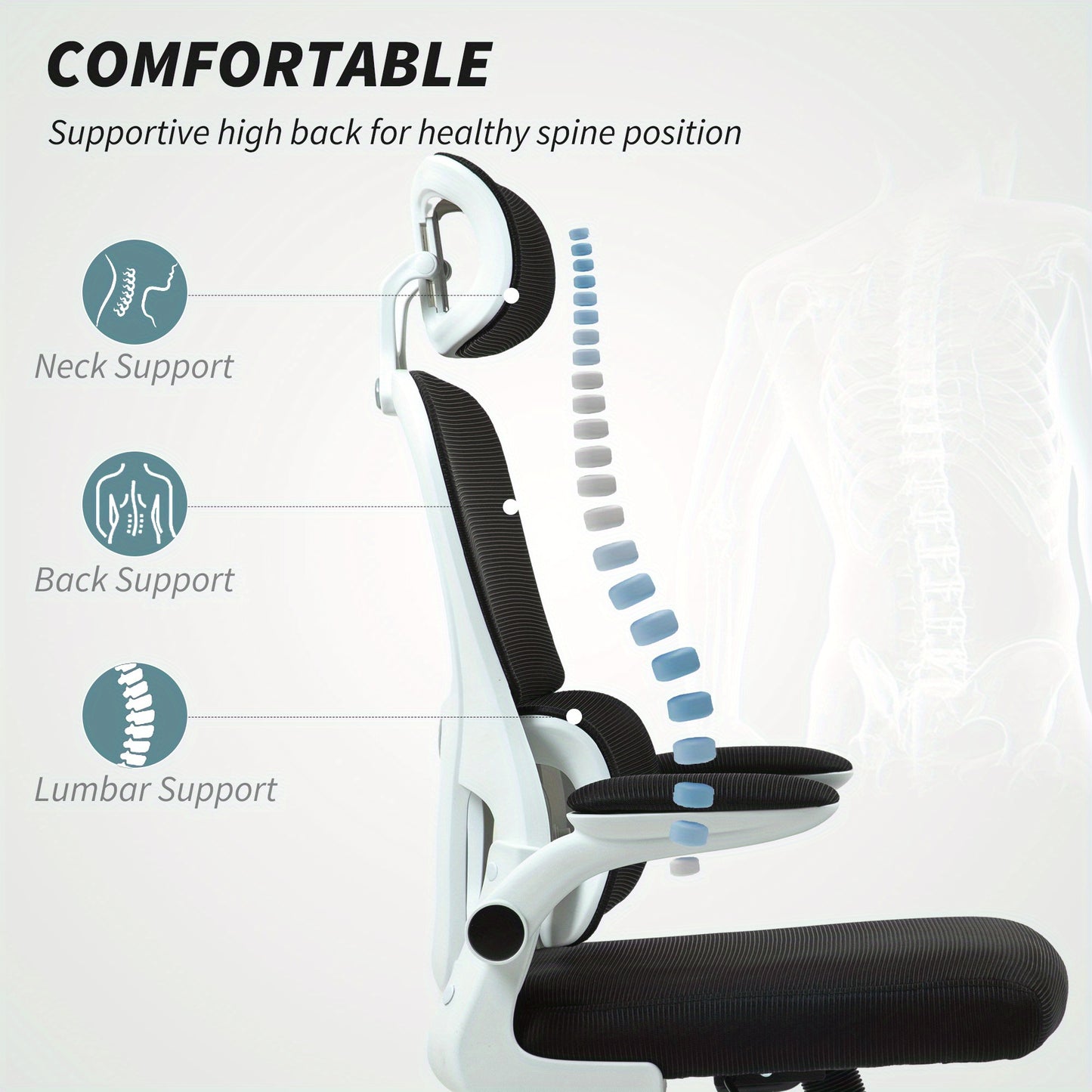 HOMCOM Ergonomic Office Chair with Flip-Up Armrests & Headrest - Adjustable Height, Lumbar Support, Rocking Motion, Mesh Backrest & Seat - Heavy-Duty 226.8KG Capacity, Manual Recline - Black Desk Chair For Home Office, Study,