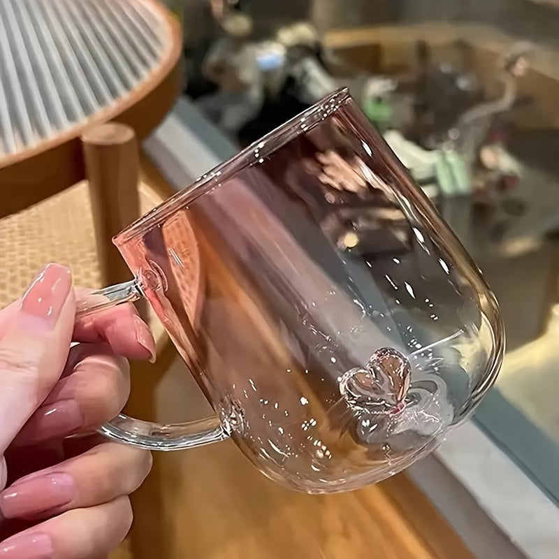 1pc Heart-Shaped Gradient Glass Cup, 350ml - Heat-Resistant, Decorative Coffee & Juice Mug with Handle, Perfect for Valentine's Day or Birthday Gift