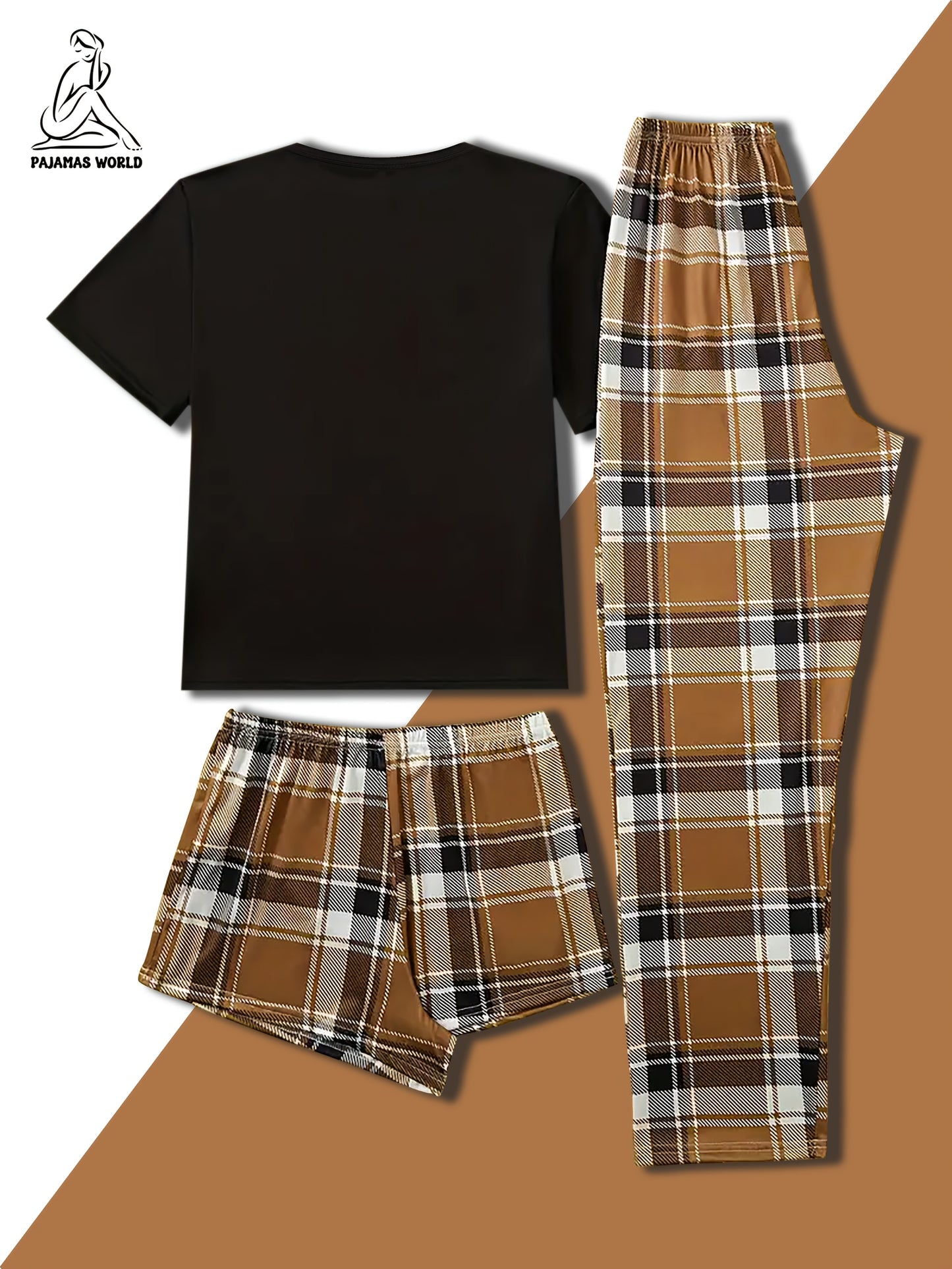 Conjunto de pijama casual para mulher com estampado de urso e xadrez - Blusa de manga curta macia e larga com cintura elástica, calças compridas e calções, roupa de dormir aconchegante para o outono/inverno