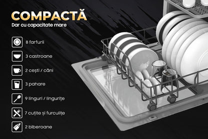 Compact Ihunt Bro Dishwasher Xpert, Turbo Clean, 950W, Drain Pump, Digital Control, Class B, 6 Programs, Heating / Drying, Water Supply Tap / Manual, 5L Water Reserve, 45Cm, White