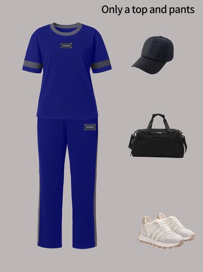 Autumn Fashion Trend: Color-Block Round Neck Short Sleeve T-Shirt + Casual Loose-Fit Elastic Waist Straight-Leg Pants Women's Two-Piece Set