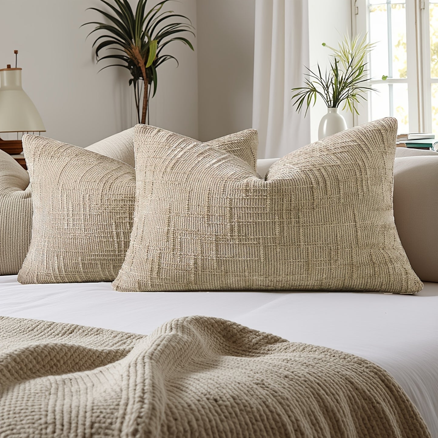 2pcs, Chenille Throw Pillow Covers Set of 2 Thick Textured Slubby Couch Pillow Covers Farmhouse Accent Modern Neutral Decorative Pillow Cases for Bed Sofa, Living Room, Machine Washable