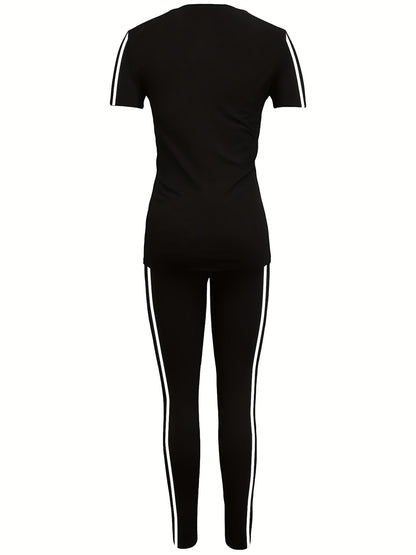 Women'S Casual Fashion Outdoor Sports Set, Double-Sided Striped Round Neck Short Sleeve Long Pants Two-Piece, Women'S Jogging Suit, Solid Color, Medium Stretch, Regular Sleeve, Crew Neck, Side Stripe, Pullover, Spring/Summer/