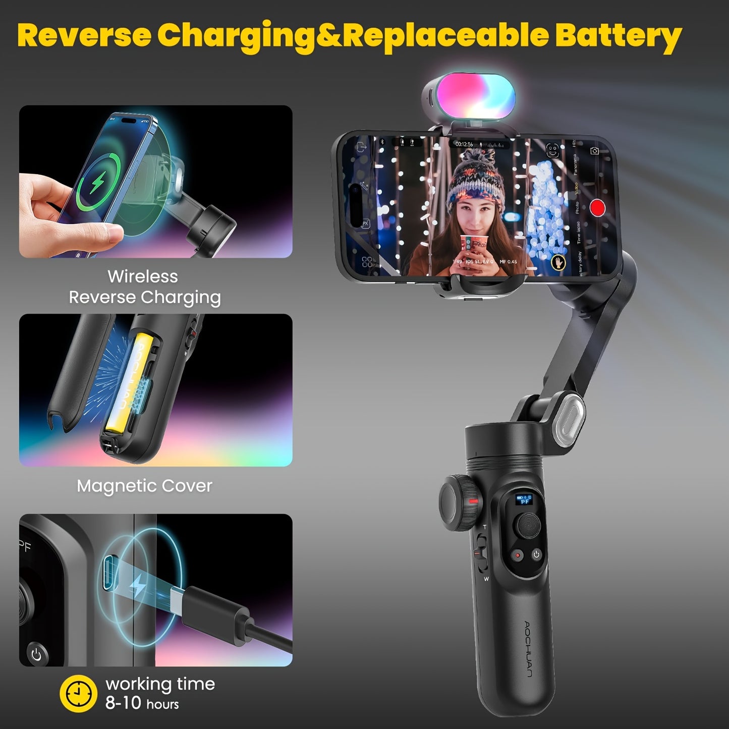 AOCHUAN SmartX Pro Combo 1 - Wireless Phone Gimbal Stabilizer with RGB Light, Extended Rod, and Carrying Case for YouTube & TikTok Video Creation (15 Pro Max Compatible), YouTube Video Stabilizer | Modern Gimbal Design | Comp
