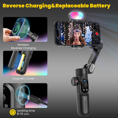 AOCHUAN SmartX Pro Combo 1 - Wireless Phone Gimbal Stabilizer with RGB Light, Extended Rod, and Carrying Case for YouTube & TikTok Video Creation (15 Pro Max Compatible), YouTube Video Stabilizer | Modern Gimbal Design | Comp