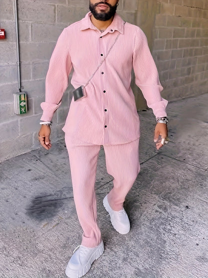 Men's 2Pcs Outfits, Casual Lapel Button Up Long Sleeve Shirt And Pants Set For Summer, Men's Clothing For Daily Leisure Vacation Resorts, Coquette Style