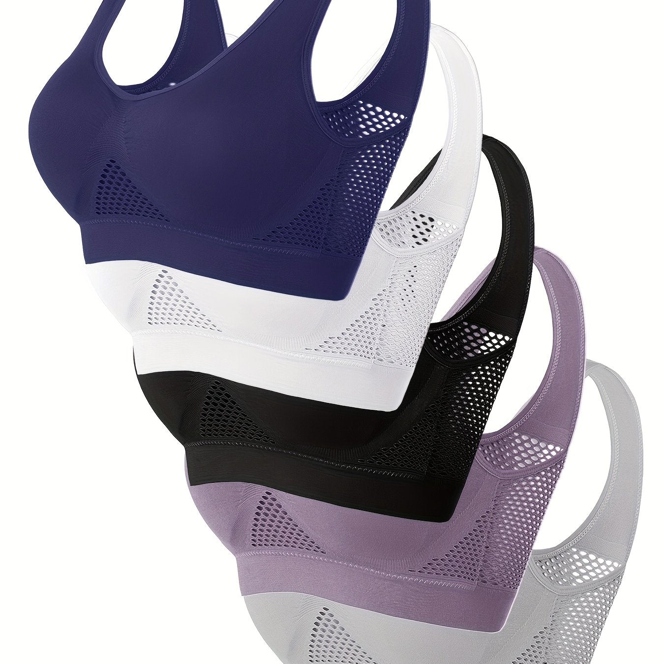 5pcs, solid color brass sports shoes, wire-free, padded, breathable mesh, high elasticity for yoga and running.