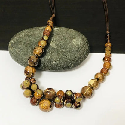 Handwoven Bohemian Women's Necklace - Marbled Ceramic Beads in Earthy Brown/Green/Blue/Golden/Black, Chunky Multi-Color Large Bead Statement Jewelry, Year-Round Versatile Boho-Chic Accessory for Daily Wear & Special Occasions