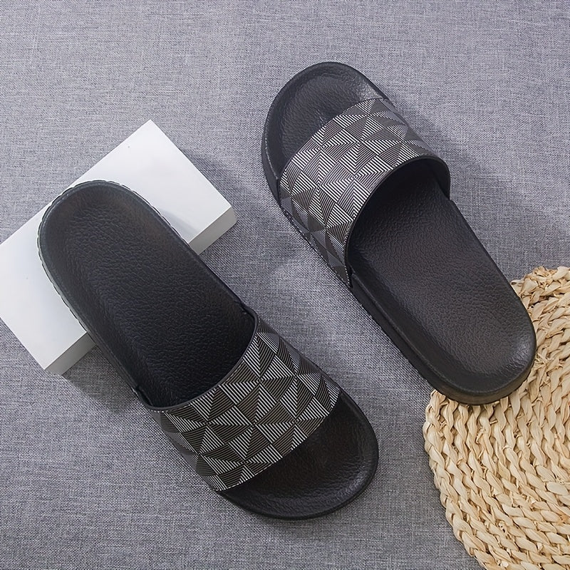 Men's Summer Slide Sandals - Non-Slip Soft Sole Casual Slippers with Geometric Pattern, Black & Gray, Comfortable for Indoor & Outdoor Use