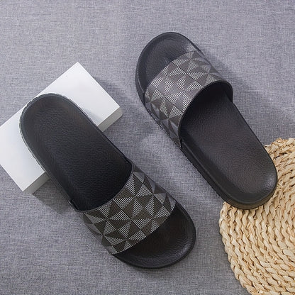 Men's Summer Slide Sandals - Non-Slip Soft Sole Casual Slippers with Geometric Pattern, Black & Gray, Comfortable for Indoor & Outdoor Use
