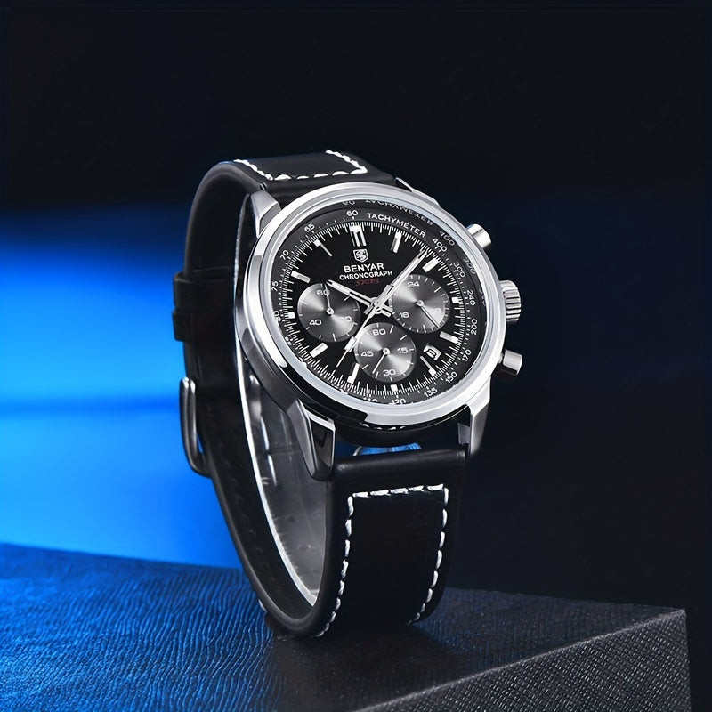 BENYAR Top Brand Men's Watches Sport For Men Multifunction Chronograph Black Fashion Quartz Wristwatches Calendar With Leather Strap