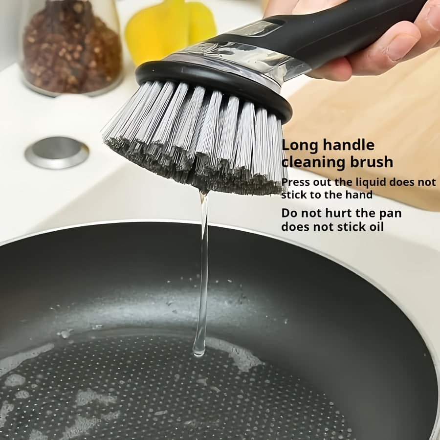 Long Handle with Built-In Soap Dispenser Brush, Paired with 2 Replacement Brushes, Easy to Clean Kitchen Brush - Durable Plastic Dishwashing Brush, Efficient Cleaning