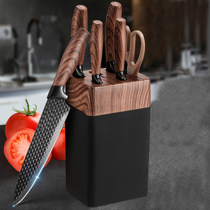 Conjunto de 7 facas de chef com bloco de facas em PE - Lâminas robustas em aço inoxidável 304, extra afiadas, pega ergonómica antiderrapante, facas de cozinha profissionais (chef, descascar, fatiar, pão, multiusos, tipo tesoura) - Kit de corte completo