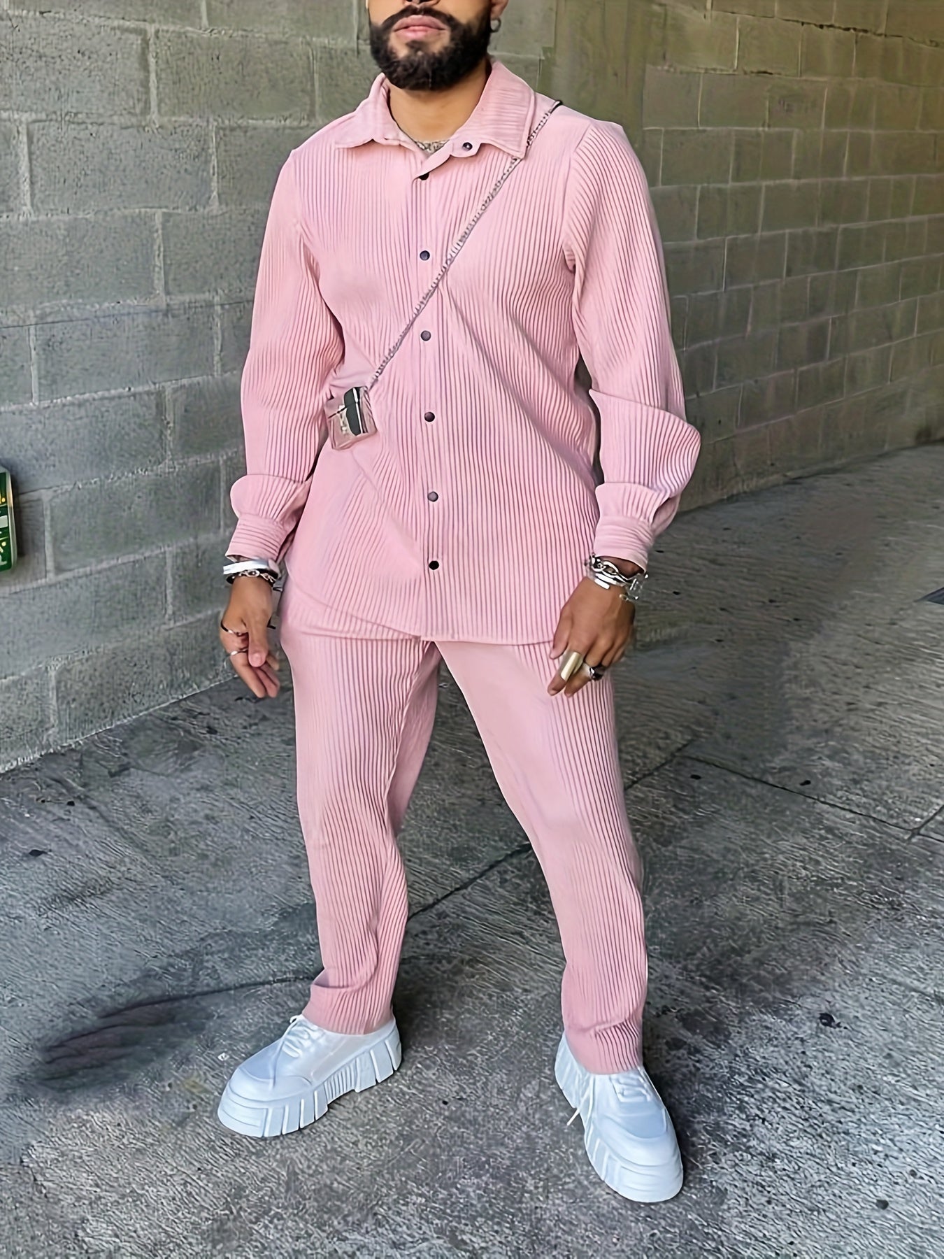 Men's 2Pcs Outfits, Casual Lapel Button Up Long Sleeve Shirt And Pants Set For Summer, Men's Clothing For Daily Leisure Vacation Resorts, Coquette Style