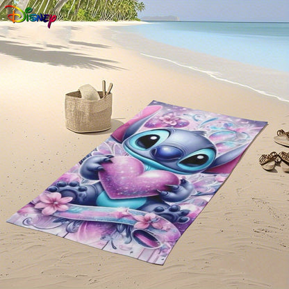 1pc Stitch Beach Towel - Large, Soft Polyester Microfiber Beach Mat with Cute Blue Alien Holding Pink Heart Design, Floral & Heart Patterns, Absorbent & Quick-Dry, Perfect for Yoga, Swimming, Travel, and More - Beach Accessor