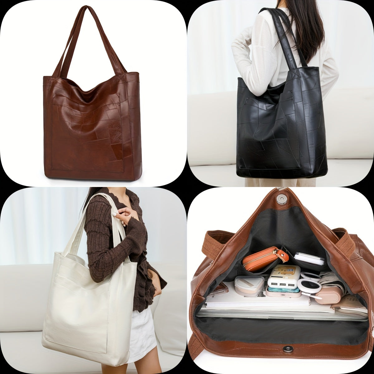 Women's Faux Leather Tote Bag with Magnetic Closure, Fixed Shoulder Straps, Solid Color, Polyester Lined, Edge Paint Detail, Suitable for Various Occasions