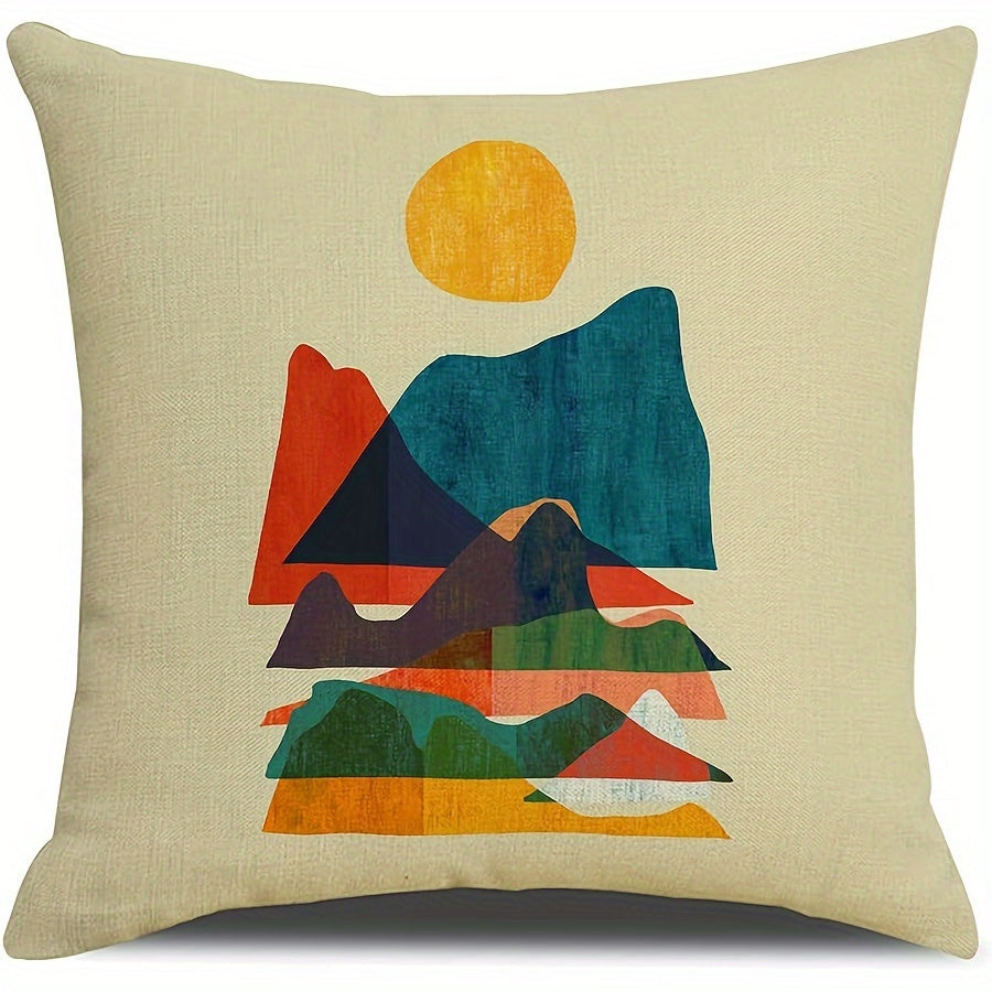 4pcs  Abstract Sunset Linen Throw Pillow Covers  Decorative Square Boho Abstract Pillow Cases 18x18 Inches Farmhouse Sunset Cushion Covers for Sofa Couch Home Decoration