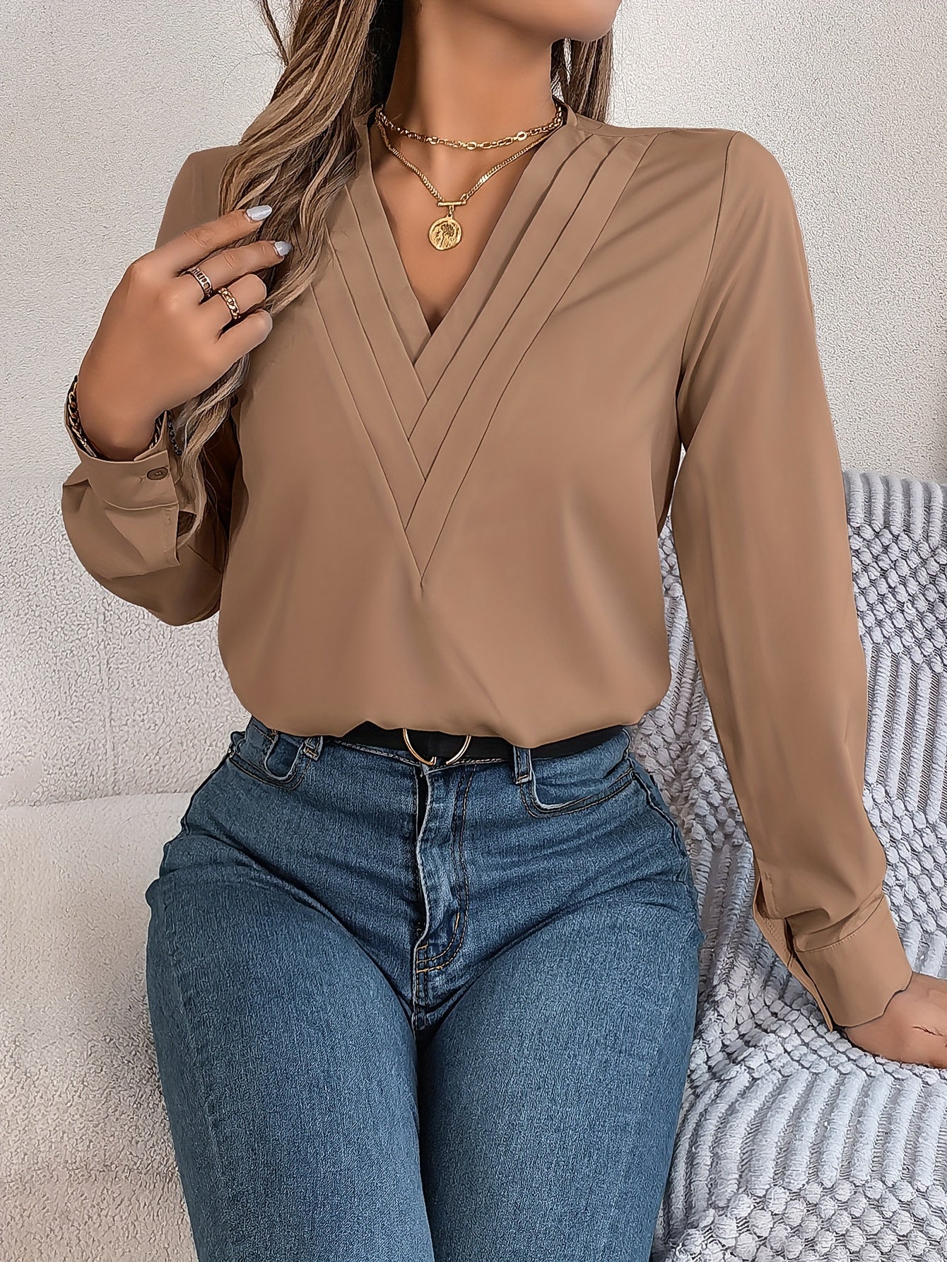 Women'S Elegant V-Neck Long Sleeve Shirt, Solid Color Polyester Blouse with Triple V-Cut, 95% Polyester 5% Elastane, Woven Fabric, 120g/m², for Spring/Summer/Fall - Adult