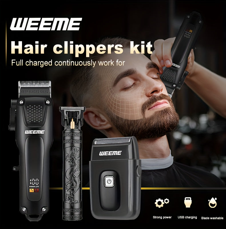 WEEME 3pcs Men's Grooming Kit - LCD Electric Clipper + Cordless Shaver + T-Blade Trimmer | USB-C Rechargeable w/Brushes & Care Accessories | Durable Hair/Facial Grooming Tools for Home & Travel