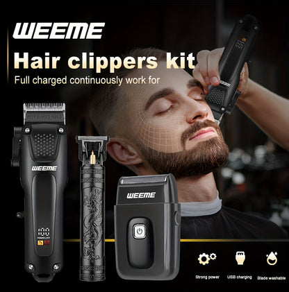WEEME 3pcs Men's Grooming Kit - LCD Electric Clipper + Cordless Shaver + T-Blade Trimmer | USB-C Rechargeable w/Brushes & Care Accessories | Durable Hair/Facial Grooming Tools for Home & Travel