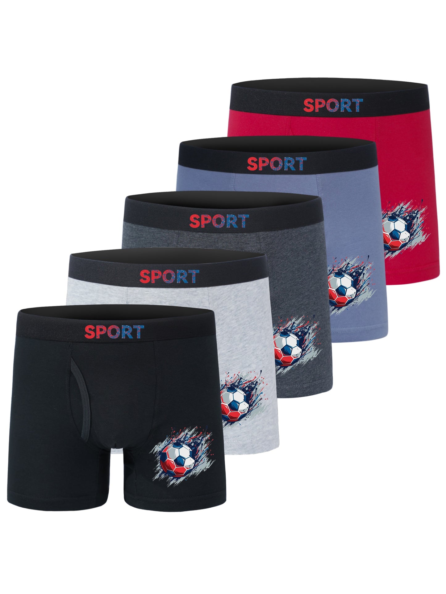 5pcs Football Print Boxer Briefs for Teen Boys - Breathable, Stretchy, Comfort Fit with Elastic Waistband & Half-Button Closure, Black with White & Red Soccer Design, Sports Underwear, Youth Athletic Wear, Sporty Boxers, Brea
