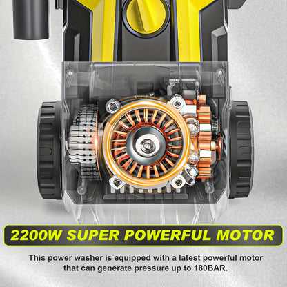 Gisam High-Pressure Washer 2200W 180Bar 480L/H with 8m Hose, Soap Bottle, Foam Nozzle & Lance Gun IPX5 Suitable for Cars/Fences/Gardens/Patios Yellow