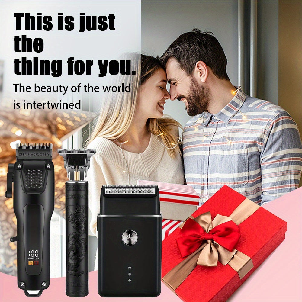 Kit de cuidados profissionais para cabelo e barba para homem com 3 peças - Máquina de cortar cabelo sem fios com visor LED, conjunto de aparador de precisão, recarregável via USB, para uso doméstico, presente perfeito para as festas de fim de ano.