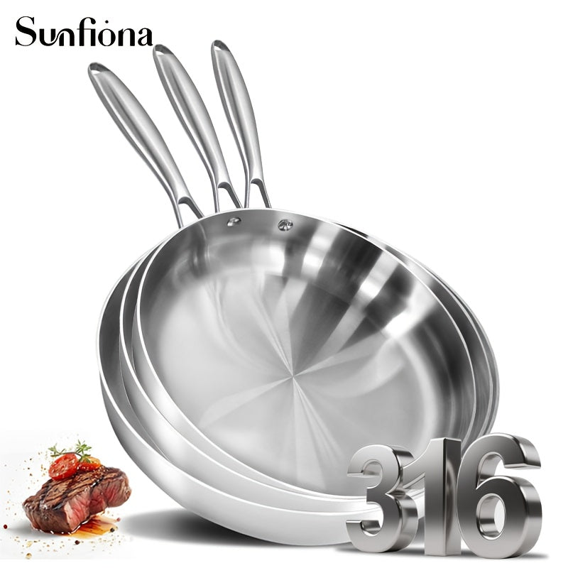 3pcs Sunfiona 316 Stainless Steel Bright Surface Frying Pan, Three-Layer Steel Material, Uncoated Frying Pan, Long-Handled Frying Pan, Wok, Suitable for A Variety Of Induction Cookers, Ovens, Fast Heating, Dishwasher Safe, Ho
