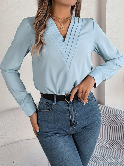 Women'S Elegant V-Neck Long Sleeve Shirt, Solid Color Polyester Blouse with Triple V-Cut, 95% Polyester 5% Elastane, Woven Fabric, 120g/m², for Spring/Summer/Fall - Adult