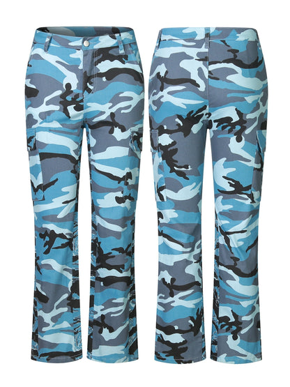 High Waist Straight Camouflage Cargo Jeans, Camo Print Medium Stretch Side Flap Pocket High Rise Denim Pants, Women's Denim Jeans & Clothing