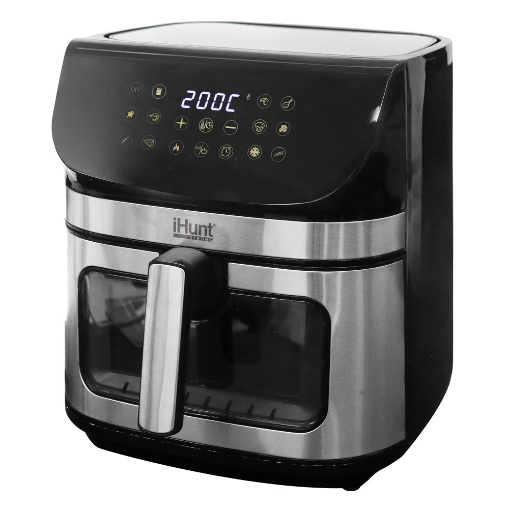 Air Fryer, Oil-Free, iHunt Bro Air Fryer Ultra, 9-Liter Capacity, Transparent Glass Drawer, Digital Display, 12 Cooking Functions, Adjustable Temperature, Defrost & Timer, Shake Reminder, 1800W, Black
