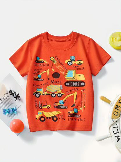 Boys' Cotton Short Sleeve T-Shirt with Cartoon Excavator Print, Breathable Summer Trend