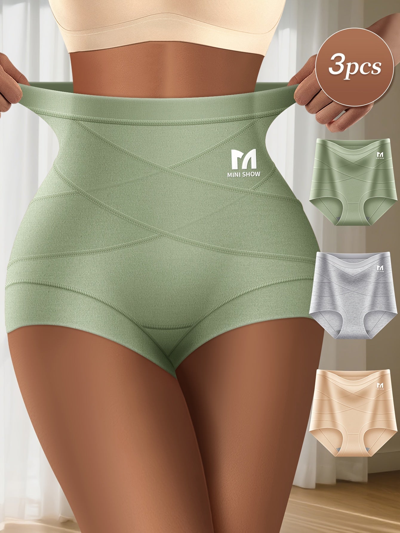 3pcs Women'S High-Waist Tummy Control Briefs - Green, Beige, Light Gray - Breathable & Comfortable with Ribbed Texture for Posture Support & Belly Control, High Waisted Leggings, Posture Support Underwear, Sleek Underwear Des