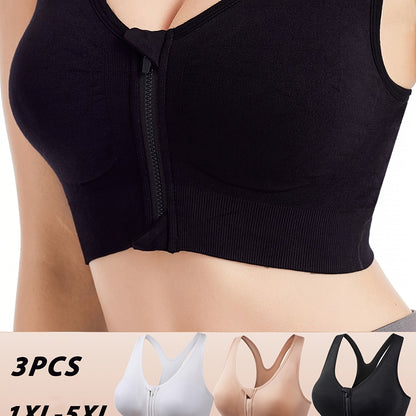3pcs Plus Size Front Zipper Bras - No Underwire & Removable Pads, Breathable Mesh Running Bras for Women, 1XL-5XL (Navy/Black/Purple), Casual swear, Sleek y Look, Comfortable Fit